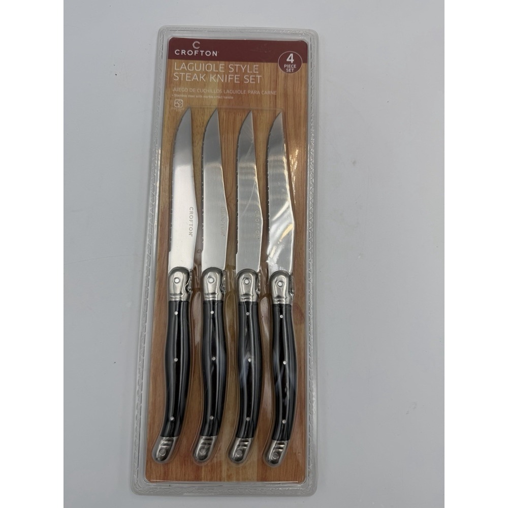 Crofton Laguiole Style Steak Knife Set 4 Pc Stainless Steel Black Handle New